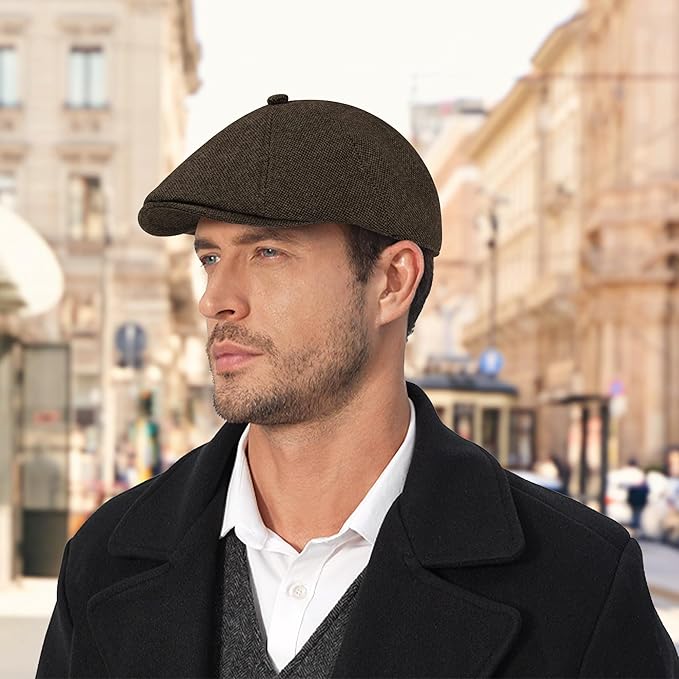 Men's Wool Blend Newsboy Cap Adjustable Gatsby Ivy Newsies Cabbie Hat Classic 8 Panel Tweed Flat Winter Hat