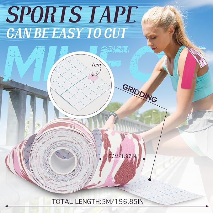 2 Rolls Kinesiology Tape, Waterproof Kinetic Tape 1.97 in x 16.4 ft, Uncut Cotton Elastic Athletic Strips for Knee, Shoulder, Ankle, Muscle Support (Pink and Pink Camouflage)