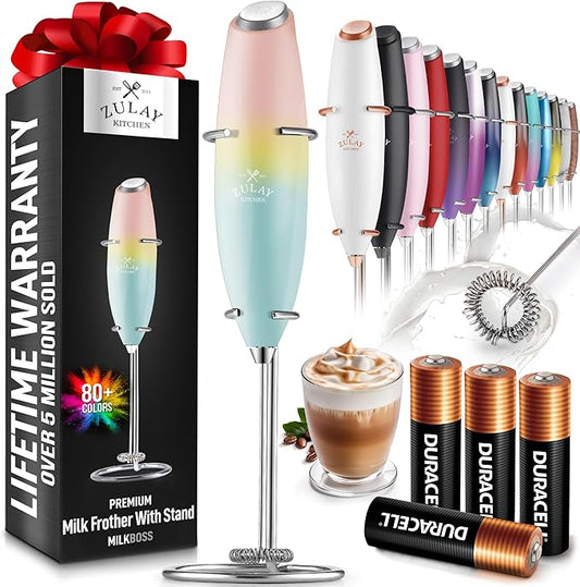 Zulay Powerful Milk Frother (4 Duracell Batteries Included) - Handheld Milk Frother Wand Drink Mixer for Coffee - Powerful Milk Foamer for Cappuccino, Frappe, Matcha & Coffee Creamer - Cupcake