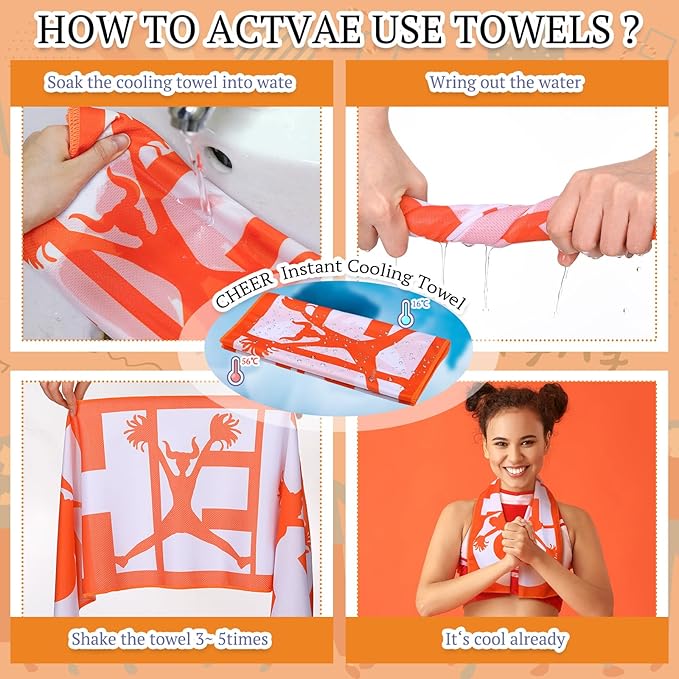 12 Pcs 12/24 Pcs Cheerleader Cooling Towel Cheer Gifts Bulk for Team Cheer Sports Gifts with Bags 40" x 12" Breathable Chilly Microfiber Cooling Towel for Yoga Sport Gym Party Favor (Orange)