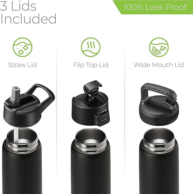 SIPX™ 25 oz Insulated Water Bottle with 3 Lids – Leakproof Stainless Steel, Triple Insulated – Cold 24 Hours/Hot 12 Hours – Durable Bottle for School, Gym, Travel – Black