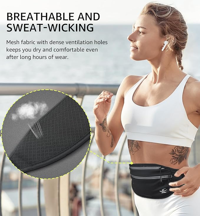 HiRui Slim Fanny Pack for Men Women, Adjustable Exercise Waist Pack Reflective Running Belt for Sports Workout Cycling Hiking, Casual Hands-Free Wallets Phone Bag Fits All Phones (Black)