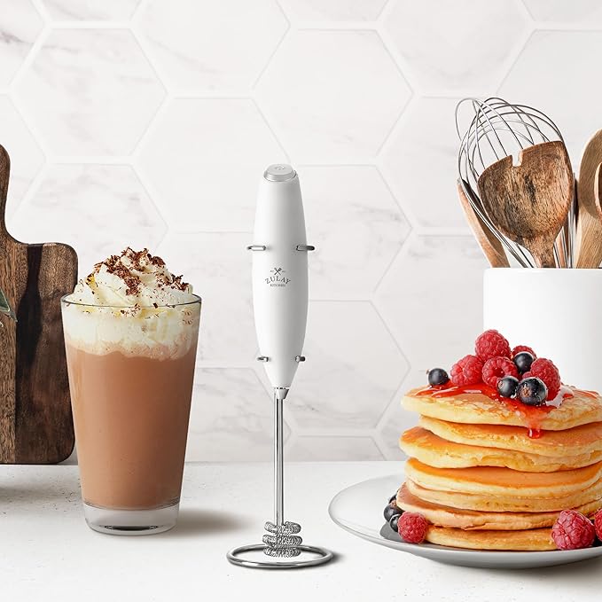 Zulay Kitchen Tornado Milk Frother Handheld Wand – Electric Coffee Frother with Triple Whisk & Stand – Hand Held Drink Mixer for Latte, Cappuccino, Matcha, Hot Chocolate, Protein Shakes – White