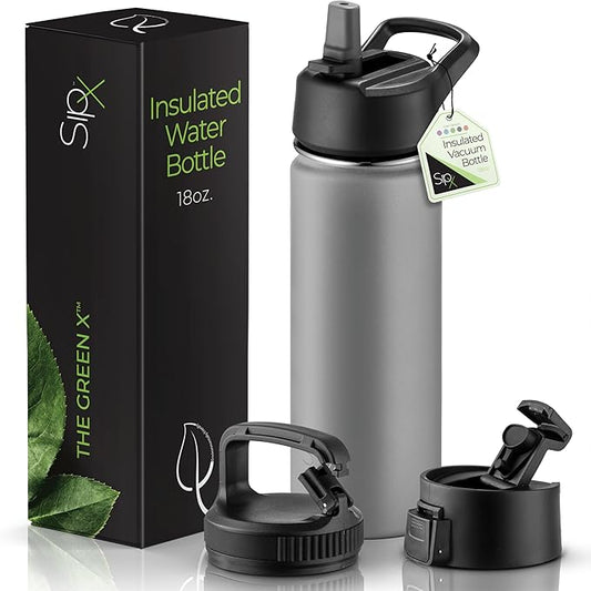 SipX™ 18 oz Insulated Water Bottle with 3 Lids – Leakproof Stainless Steel, Triple Insulated – Cold 24 Hours/Hot 12 Hours – Durable Bottle for School, Gym, Travel – Grey