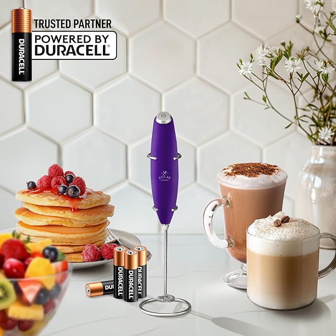 Zulay Powerful Milk Frother (4 Duracell Batteries Included) - Handheld Milk Frother Wand Drink Mixer for Coffee - Powerful Milk Foamer for Cappuccino, Frappe, Matcha & Coffee Creamer - Deep Purple