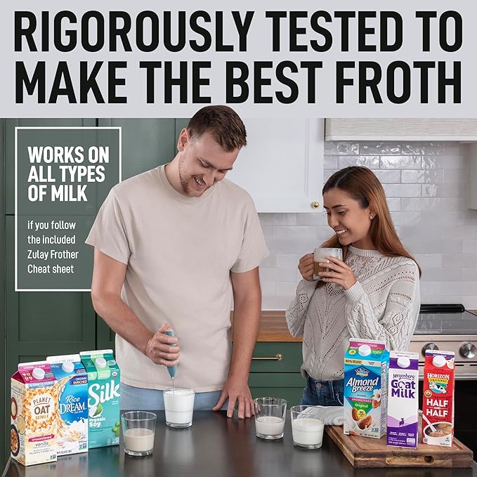 Zulay Kitchen Powerful Milk Frother Wand - Ultra Fast Handheld Drink Mixer - Electric Whisk Foam Maker for Coffee, Lattes, Cappuccino, Frappe, Matcha & Coffee Creamer - Milk Boss Metallic Ice Blue