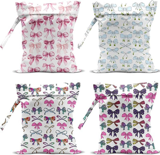 4 Pack Cute Pink Blue Bow Watercolor Leopard Bow Wet Bag Waterproof Reusable Wet Dry Bag for Swimsuit Dirty Clothes Diaper Beach Pool Party Camping Gift for Women Mom Sister Easter Valentine Christmas