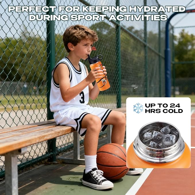 Basketball Water Bottles for Boys 18 oz and 100 PCS Basketball Stickers Sports Insulated Stainless Steel Water Bottle Basketballs Accessories Stuff Gear Gifts For 8-12 12-14 Player