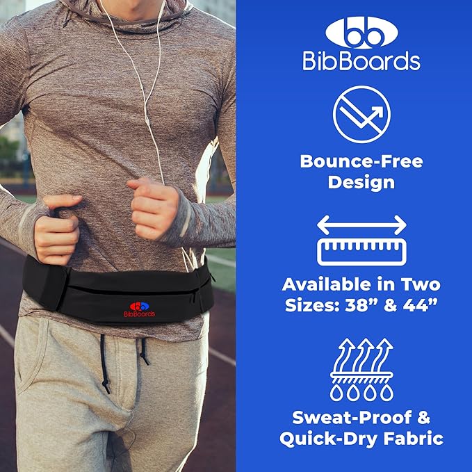 BibBoards Running Belt for Men & Women - Water & Sweat-Repellent No Bounce Runners Fanny Pack for Phone, Keys, Cards & Money, Adjustable Running Band for Marathon, Jogging, Cycling — Black, 44"