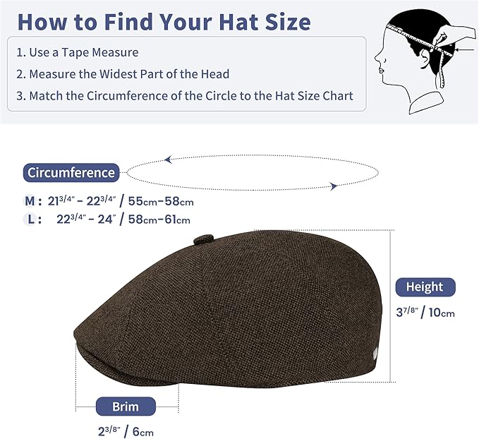 Men's Wool Blend Newsboy Cap Adjustable Gatsby Ivy Newsies Cabbie Hat Classic 8 Panel Tweed Flat Winter Hat