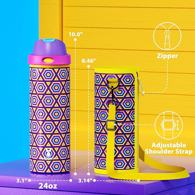 24 oz Insulated Water Bottle for Women: Meoky Stainless Steel Water Bottle with Holder and Shoulder Strap - Leak Proof, Cold for 24 Hours, Protective Silicone Base, BPA-Free for Travel Gym, Neon Beat