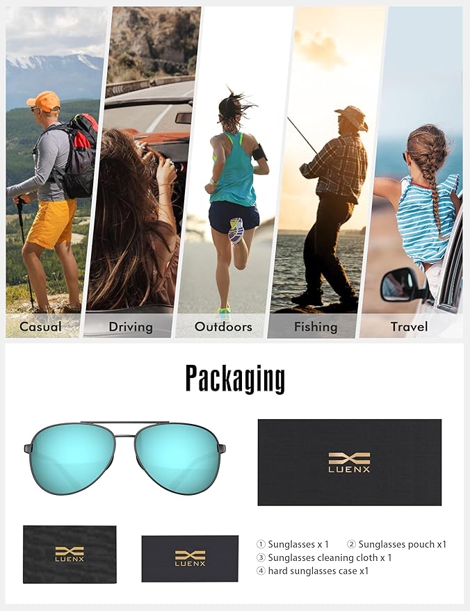 LUENX Aviator Sunglasses for Men Women Polarized - UV400 Protection, Stylish Shades, Driving, Outdoor Activities