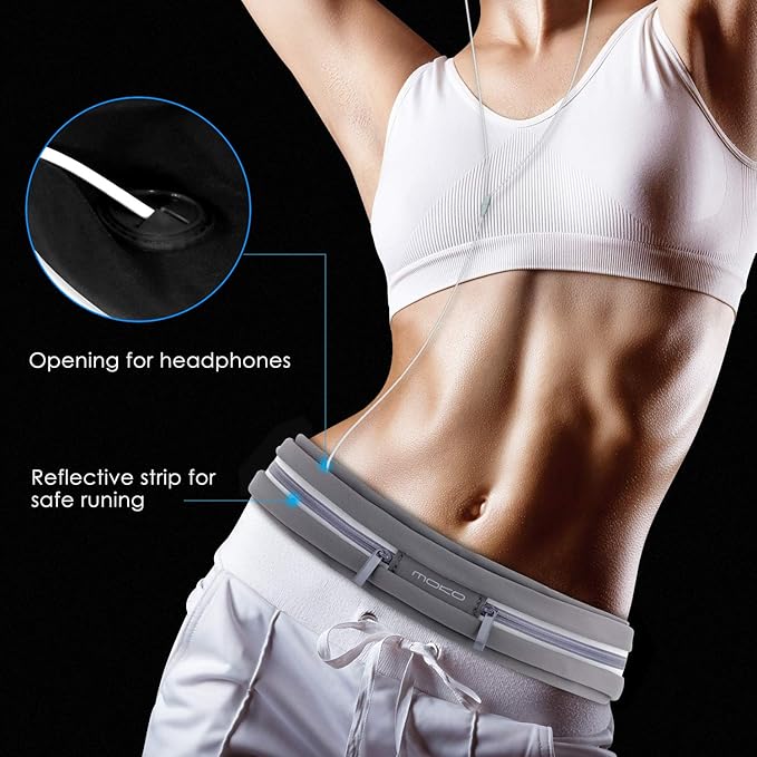 MoKo Sports Running Belt,Outdoor Dual Pouch Sweatproof Reflective Slim Waist Pack,Fitness Workout Belt Fanny Pack Compatible with iPhone 11/11 Pro Max/X/Xr/Xs Max/8/7, Galaxy Note 10/10 Plus, S20/S10