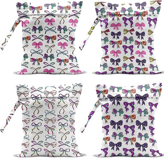 4 Pack Cute Pink Blue Bow Watercolor Leopard Bow Wet Bag Waterproof Reusable Wet Dry Bag for Swimsuit Dirty Clothes Diaper Beach Pool Party Camping Gift for Women Female Mama Appreciation Christmas