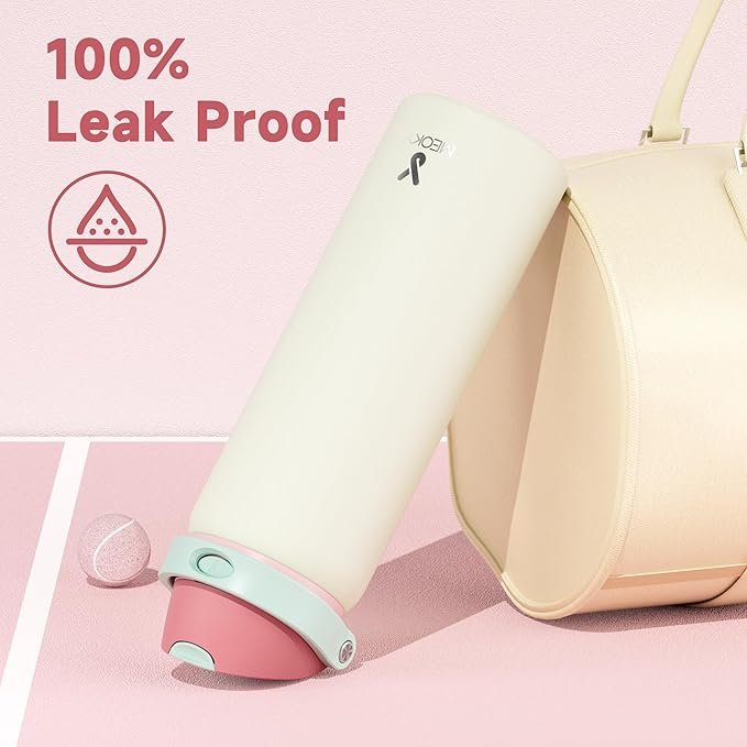 32 oz Insulated Water Bottle with Straw: Meoky Stainless Steel Metal Water Bottle with 2-in-1 Lid - Leak Proof, Cold for 24 Hours, Protective Silicone Base, BPA-Free for Sports Gym, Cream