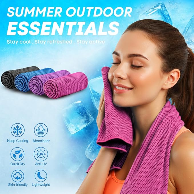 4 Pack Cooling Towels (40"x 12"), Soft Breathable Gym Towels, Outdoors Ice Towel for Neck and Face, Camp Essentials Microfiber Sweat Towels for Gym, Run, Yoga, Workout, Travel, Climb