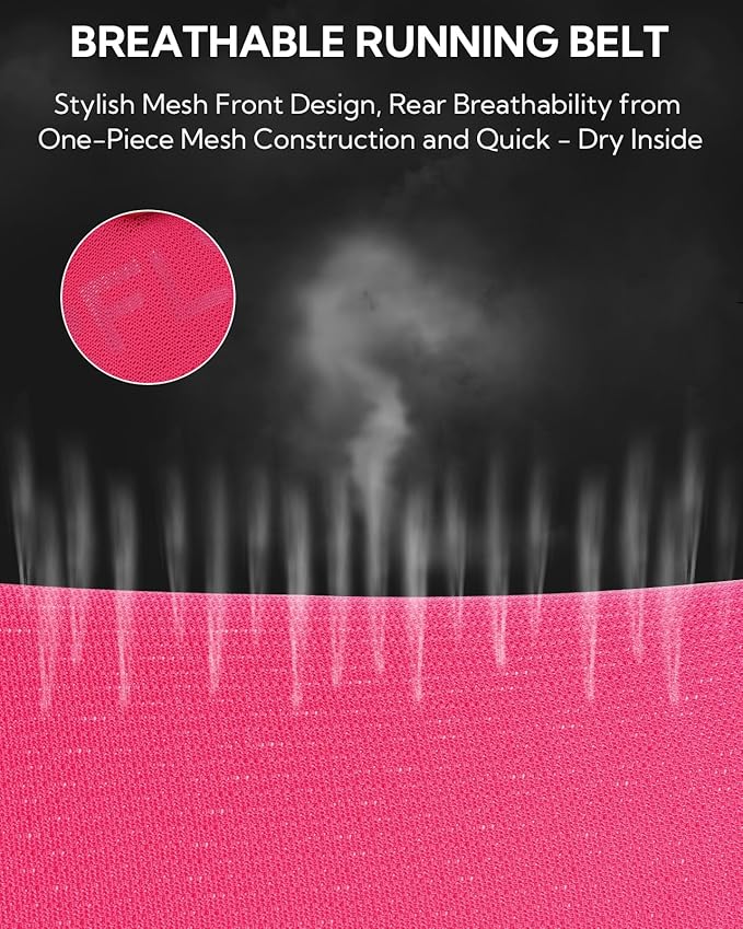 WATERFLY Running Belt Fanny Pack: Breathable 3 Pocket Waist Bag for Men Women Workout Exercise Fitness Phone Holder Fits All Phones - Runner Marathon Jogging Race Belt with Bib Clip Pink