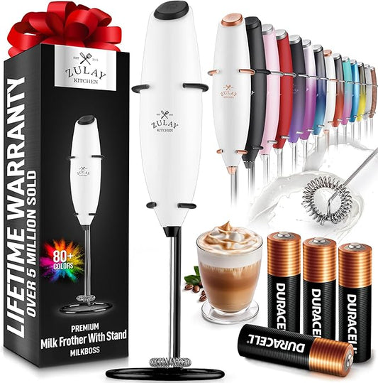 Zulay Powerful Milk Frother (4 Duracell Batteries Included) - Handheld Milk Frother Wand Drink Mixer for Coffee - Powerful Milk Foamer for Cappuccino, Frappe, Matcha & Coffee Creamer - White & Black