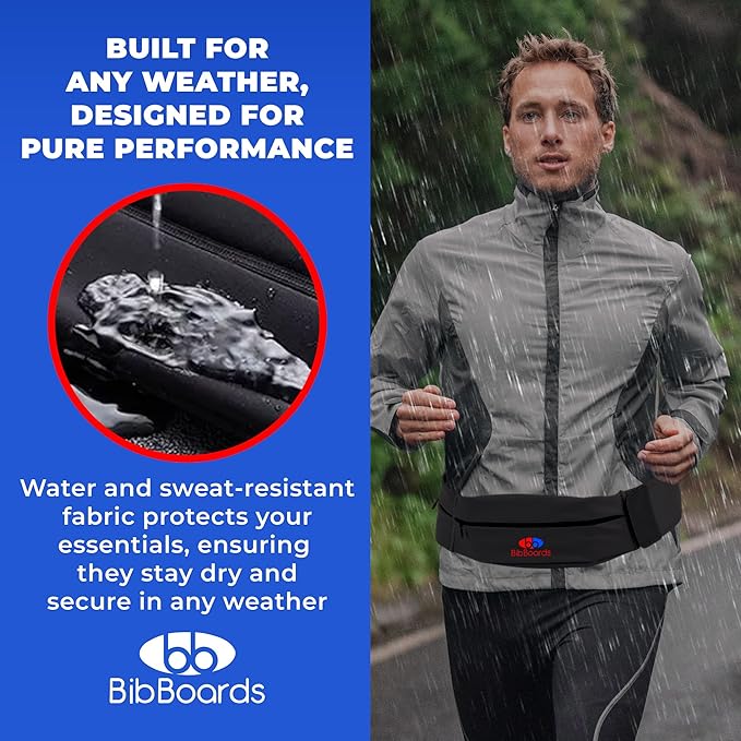 BibBoards Running Belt, Black | No-Bounce, Water & Sweat-Resistant Fanny Pack for Phone, Keys, Cards | Adjustable Waist 38”-48” | Lightweight for Running, Cycling, Hiking, Marathons and Races