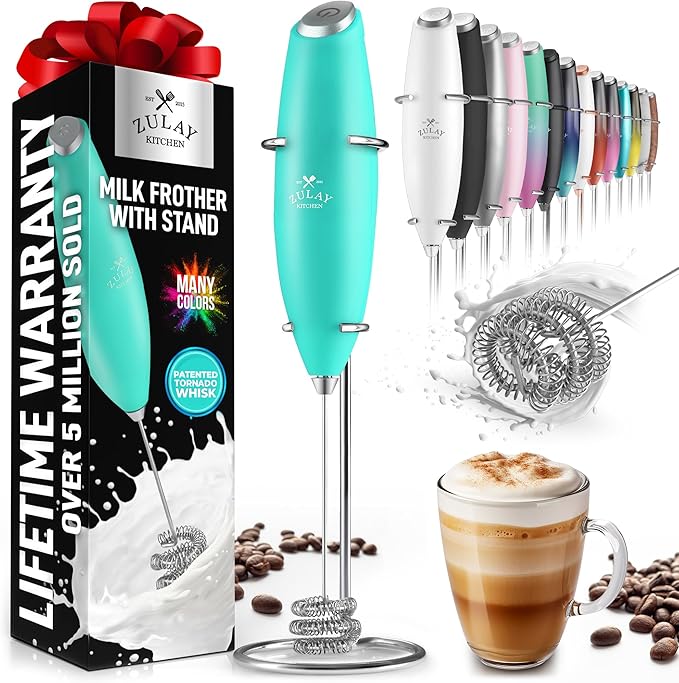 Zulay Kitchen Tornado Milk Frother Handheld Wand – Electric Coffee Frother with Triple Whisk & Stand – Hand Held Drink Mixer for Latte, Cappuccino, Matcha, Hot Chocolate, Protein Shakes – Aqua