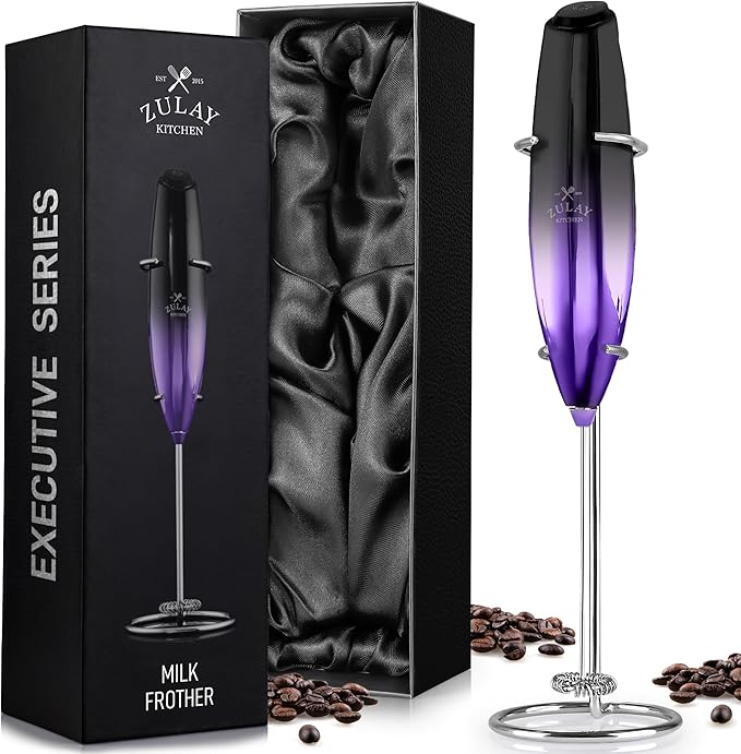 Zulay Kitchen Executive Series Milk Frother Wand - Upgraded & Improved Stand - Ideal Coffee Gift - Coffee Frother Handheld Foam Maker For Lattes - Electric Milk Frother Handheld For Cappuccino