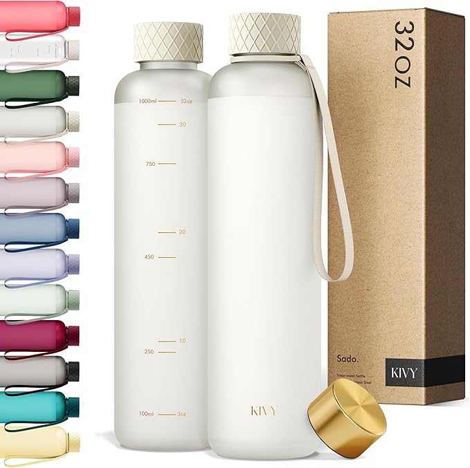 KIVY Slim Water Bottle 32oz [Lightweight & Shatterproof] Fits Cupholder & Backpack - Dishwasher safe water bottle no straw - Cute aesthetic water bottles screw top - Bpa free, Gold, White