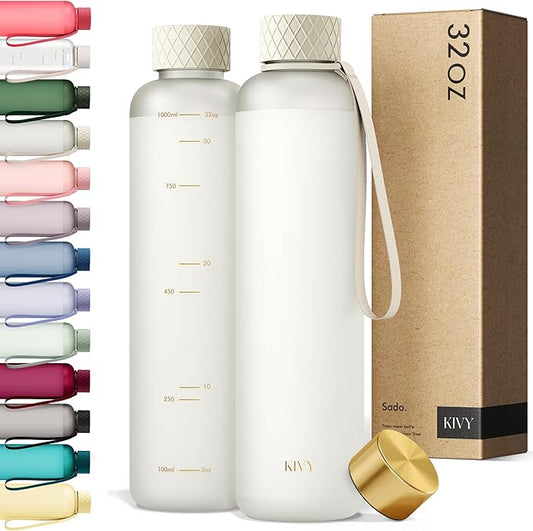 KIVY Slim Water Bottle 32oz [Lightweight & Shatterproof] Fits Cupholder & Backpack - Dishwasher safe water bottle no straw - Cute aesthetic water bottles screw top - Bpa free, Gold, White
