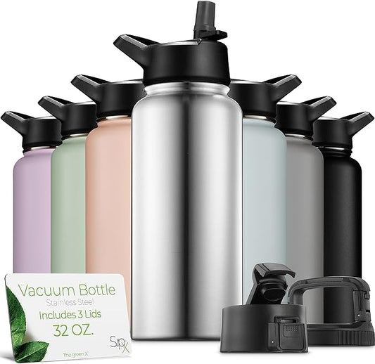 SIPX™ 32 oz Insulated Water Bottle with 3 Lids – Leakproof Stainless Steel, Triple Insulated – Cold 24 Hours/Hot 12 Hours – Durable Bottle for School, Gym, Travel – Stainless