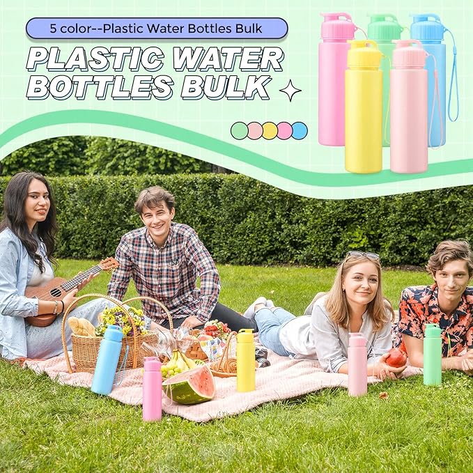 Domensi 50 Pieces Plastic Water Bottle Bulk 17 oz Sports Adults Reusable Large Water Bottles with Leak Proof Flip Top for Adults Fitness (Solid Pastel)
