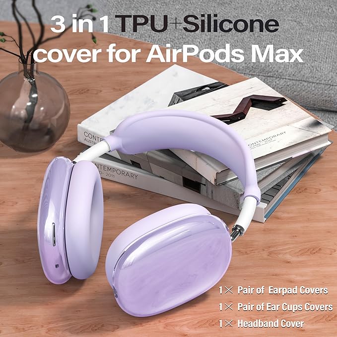 4 in 1 Set for AirPod Max Case Cover, Anti-Scratch Ear Pad Covers/Ear Cups Cover/Headband Cover, AirPod Max Covers Accessories for Apple AirPods Max (2020 Lightning /2024 USB-C)-Clear Purple
