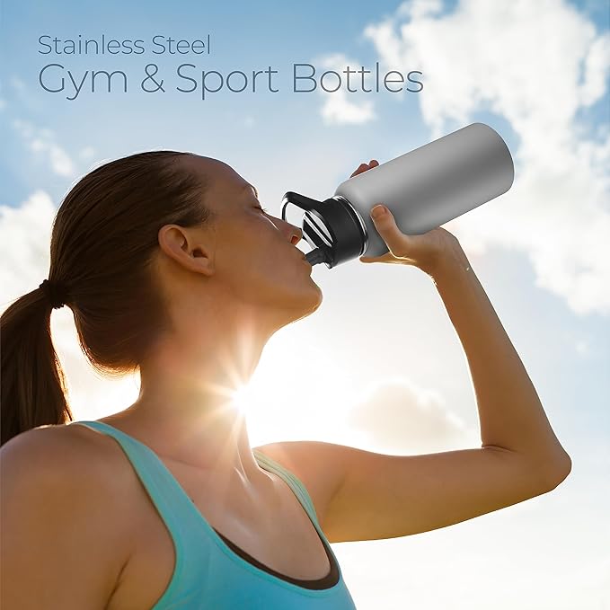 SIPX™ 32 oz Insulated Water Bottle with 3 Lids – Leakproof Stainless Steel, Triple Insulated – Cold 24 Hours/Hot 12 Hours – Durable Bottle for School, Gym, Travel – Grey