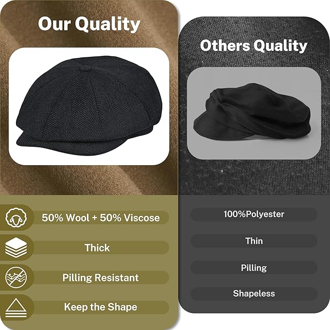 KUJUHA Wool Newsboy Cap for Men Flat Irish Cabbie Ivy Gatsby Newsboy Driving Hat Hunting Cap