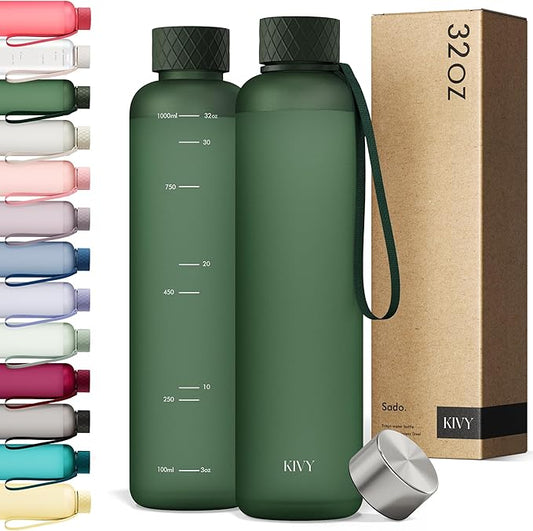 KIVY Slim Water Bottle 32oz [Lightweight & Shatterproof] Fits Backpack & Cupholder for Travel, Sports, School, Gym - Dark green - Gym water bottle screw top - Dishwasher Safe