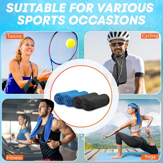 4 Pack Cooling Towels (40"x 12"), Soft Breathable Gym Towels, Outdoors Ice Towel for Neck and Face, Camp Essentials Microfiber Sweat Towels for Gym, Run, Yoga, Workout, Travel, Climb