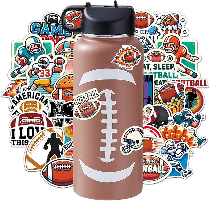 Football Water Bottles for Boys 32 oz and 100 PCS Football Stickers Sports Insulated Stainless Steel Water Bottle Footballs Accessories Stuff Gear Gifts For 8-12 12-14 Player