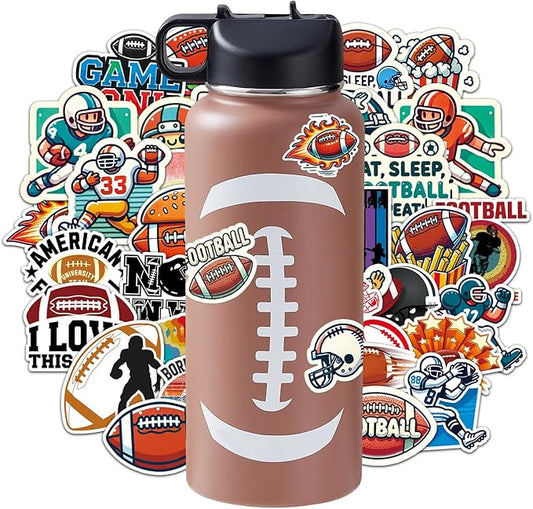 Football Water Bottles for Boys 32 oz and 100 PCS Football Stickers Sports Insulated Stainless Steel Water Bottle Footballs Accessories Stuff Gear Gifts For 8-12 12-14 Player