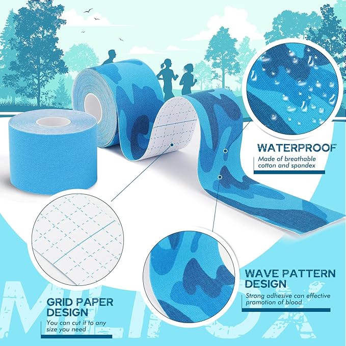 2 Rolls Kinesiology Tape, Waterproof Kinetic Tape 1.97 in x 16.4 ft, Uncut Cotton Elastic Athletic Strips for Knee, Shoulder, Ankle, Muscle Support (Blue and Blue Camouflage)