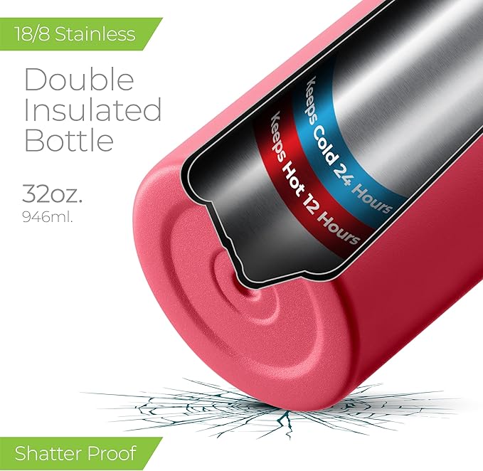 SIPX™ 32 oz Insulated Water Bottle with 3 Lids – Leakproof Stainless Steel, Triple Insulated – Cold 24 Hours/Hot 12 Hours – Durable Bottle for School, Gym, Travel – Red