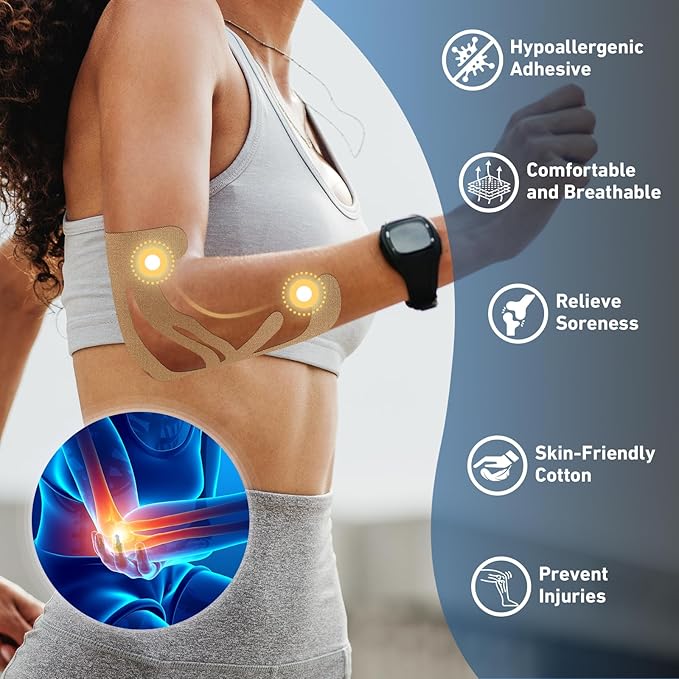 12 Count Kinesiology Tape for Elbow, Pre-Cut Waterproof KTquick Elbow Tape for Elbow Pain Relief Pre Cut, Original Cotton Athletic Tape, Durable Knee Tape for Sports and Long-Lasting Support (Beige)