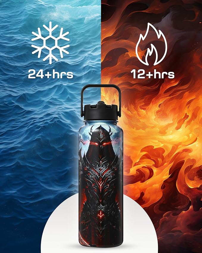 Insulated Water Bottle 40 oz –Hot and Cold Coffee Travel Drinks, Leakproof Sports Gaming & Gym Bottles, Large and Small Reusable Stainless Steel Flask with Straw – Blood Revenant