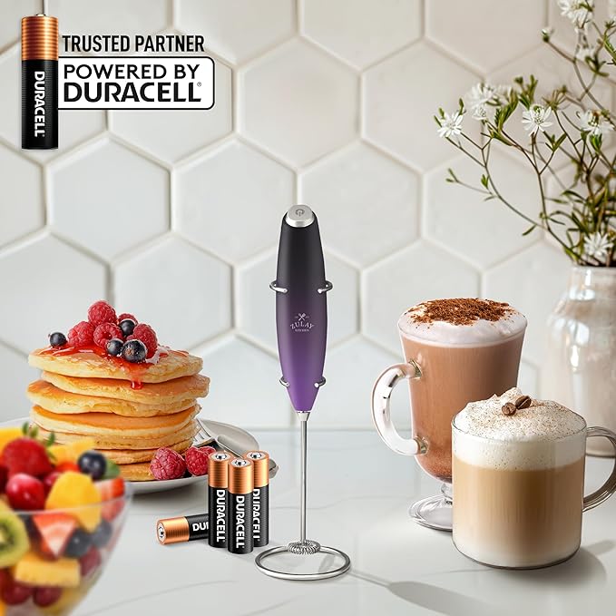 Zulay Powerful Milk Frother (4 Duracell Batteries Included) - Handheld Milk Frother Wand Drink Mixer for Coffee - Powerful Milk Foamer for Cappuccino, Frappe, Matcha & Creamer - Galaxy Black/Purple
