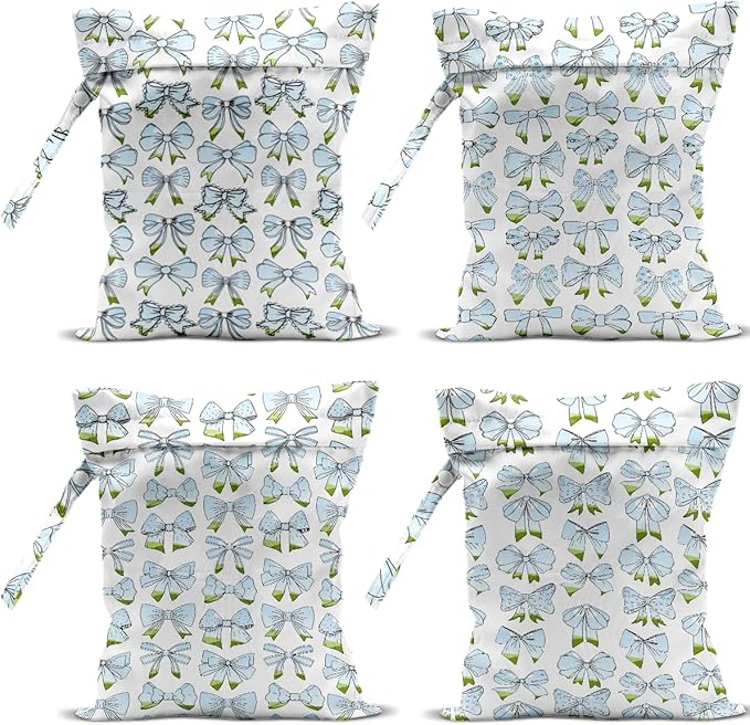 4 Pack Cute Blue Bow Watercolor Bow Wet Bag Waterproof Reusable Wet Dry Bag for Swimsuit Dirty Clothes Diaper Beach Pool Party Camping Gift for Women Mama Best Friend Nurse Week Valentine Christmas