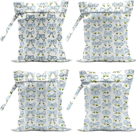 4 Pack Cute Blue Bow Watercolor Bow Wet Bag Waterproof Reusable Wet Dry Bag for Swimsuit Dirty Clothes Diaper Beach Pool Party Camping Gift for Women Mama Best Friend Nurse Week Valentine Christmas