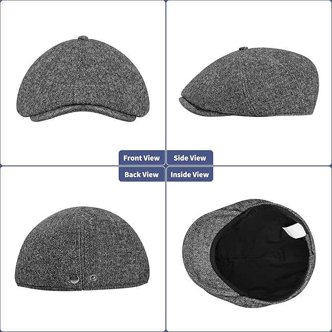 Men's Wool Blend Newsboy Cap Adjustable Gatsby Ivy Newsies Cabbie Hat Classic 8 Panel Tweed Flat Winter Hat