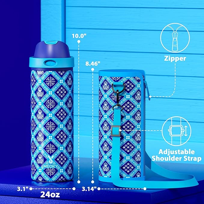 24 oz Insulated Water Bottle for Men: Meoky Stainless Steel Water Bottle with Holder and Shoulder Strap - Leak Proof, Cold for 24 Hours, Fits in Car Cup Holder, BPA-Free for Sports Travel, Blue Faith