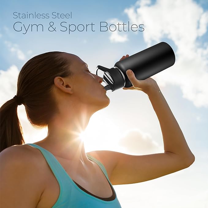 SIPX™ 32 oz Insulated Water Bottle with 3 Lids – Leakproof Stainless Steel, Triple Insulated – Cold 24 Hours/Hot 12 Hours – Durable Bottle for School, Gym, Travel – Black