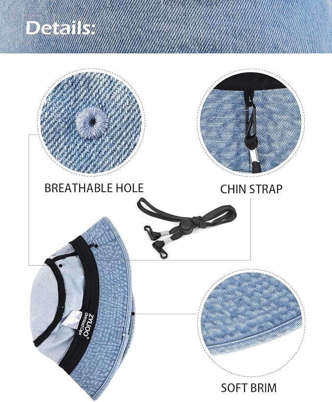 Zylioo XXL XL L M Denim Bucket Sun Hat,Oversized Jean Fisherman Hats,Adjustable Packable Summer Travel Hats