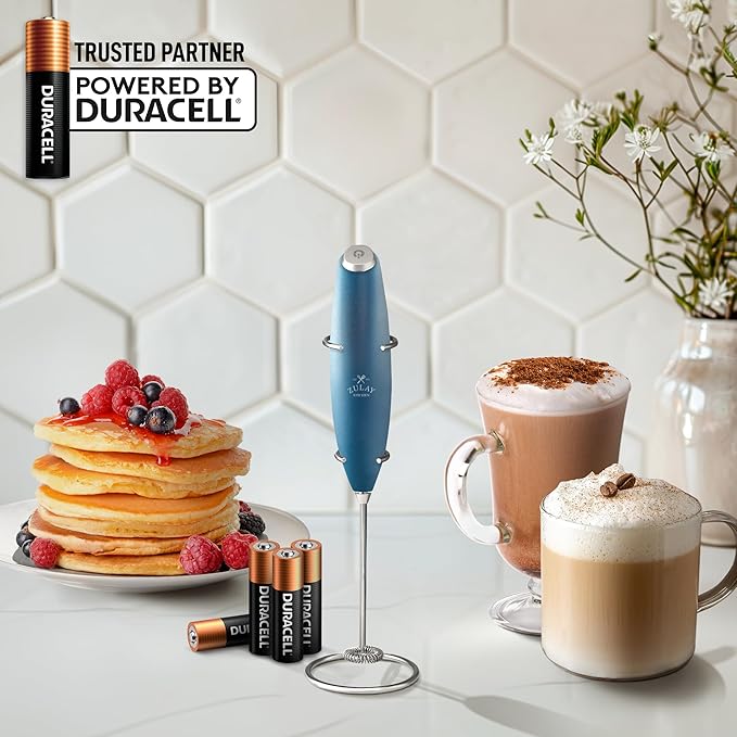 Zulay Powerful Milk Frother (4 Duracell Batteries Included) - Handheld Milk Frother Wand Drink Mixer for Coffee - Powerful Milk Foamer for Cappuccino, Frappe, Matcha & Creamer - Metallic Ice Blue
