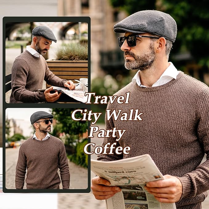 TOP-EX XL/XXL Wool Tweed Newsboy Flat Cap for Men Winter Fashion Ivy Cap Gatsby Golf Hat Satin Lined