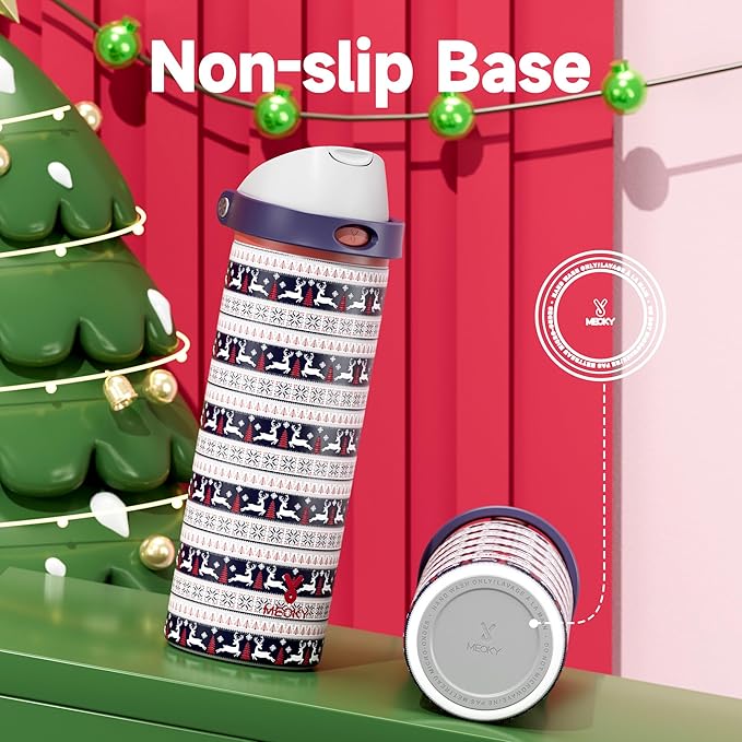 24 oz Christmas Insulated Water Bottle: Meoky Stainless Steel Water Bottle with 2-in-1 Straw Lid - Leak Proof, Cold for 24 Hours, Protective Silicone Base, Christmas Gifts for Women Men, Winter Joy